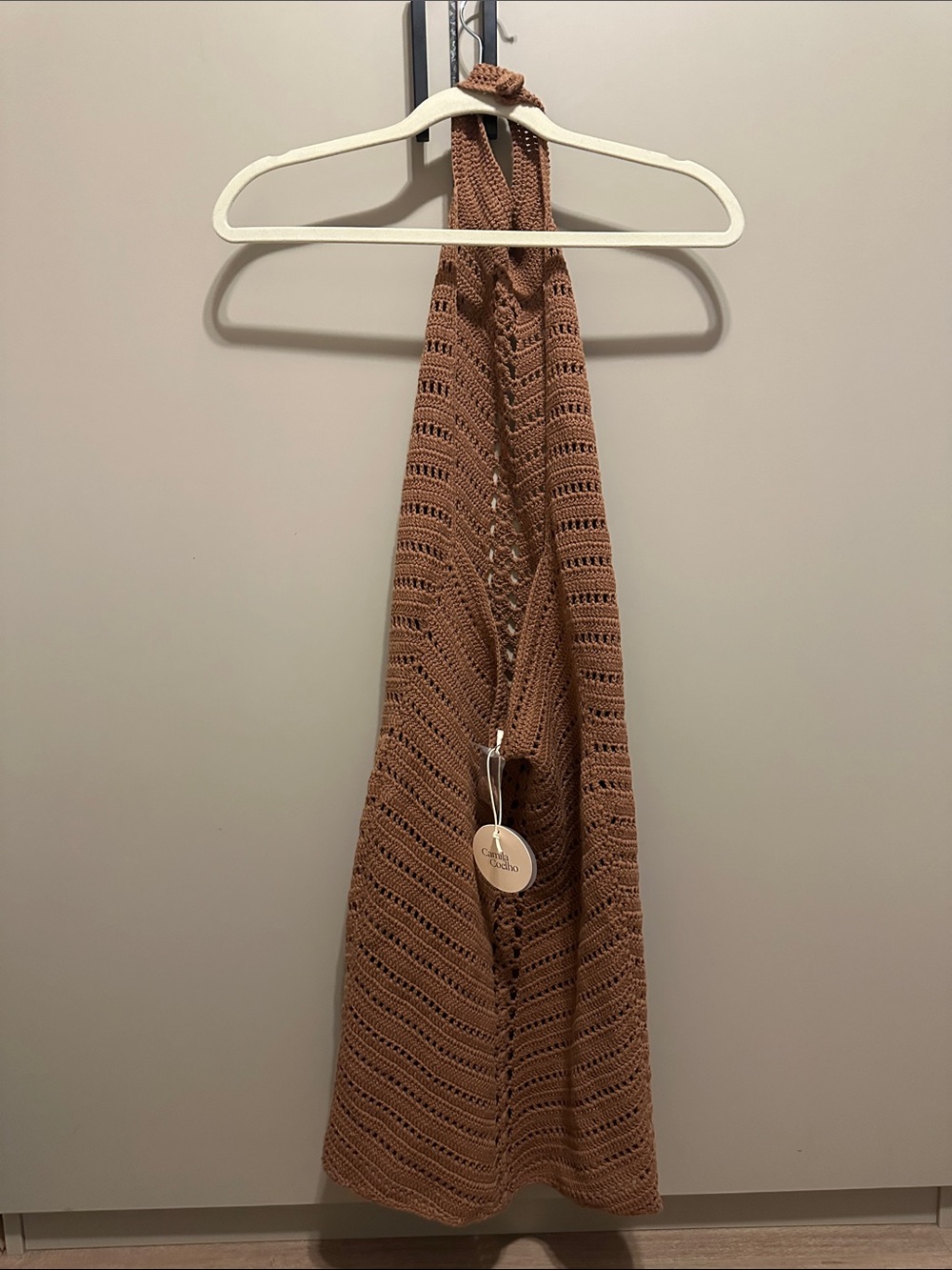 Camila Coelho Lyssa Revolve Hand Crochet Halter Mini Dress in Brown Size S - Picture 5 of 7